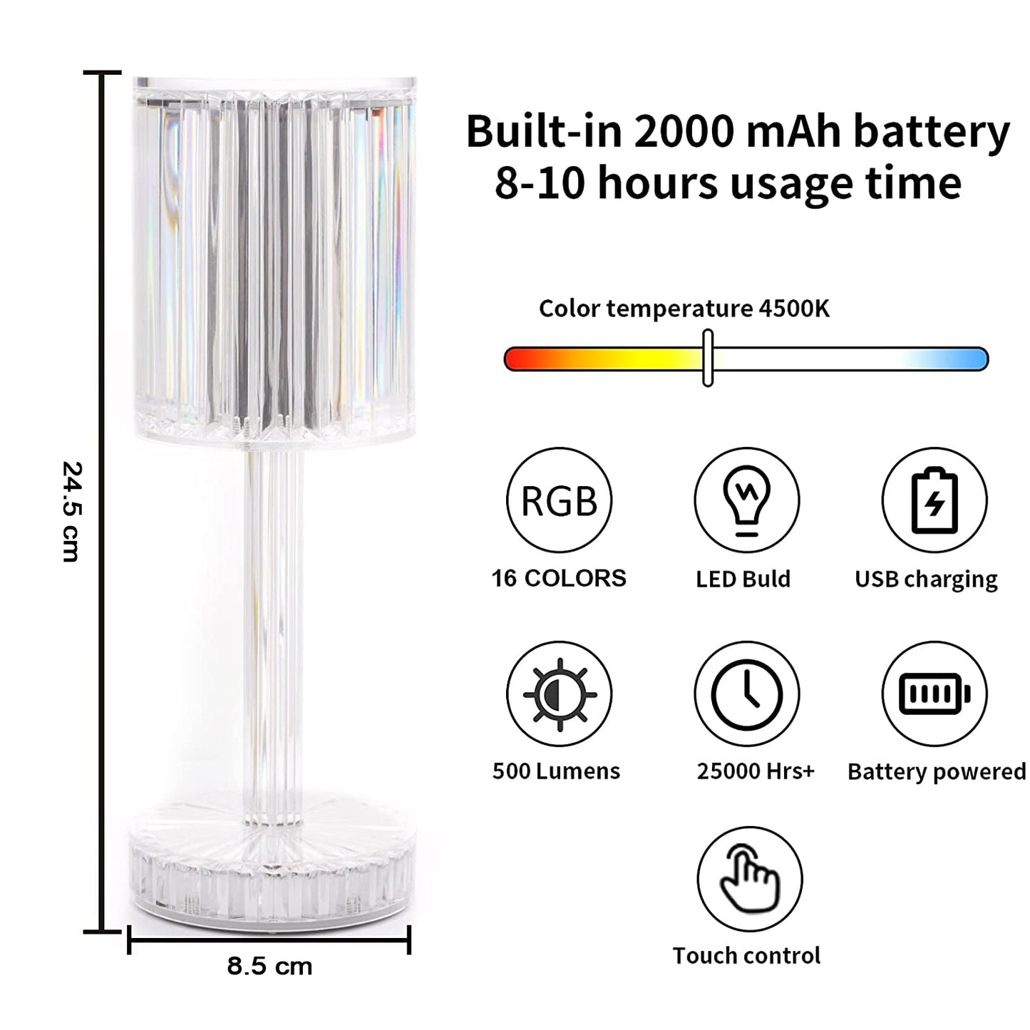 6605 Crystal Table Lamp Touch Control Atmosphere Nightstand Lamp With Usb Charging Line