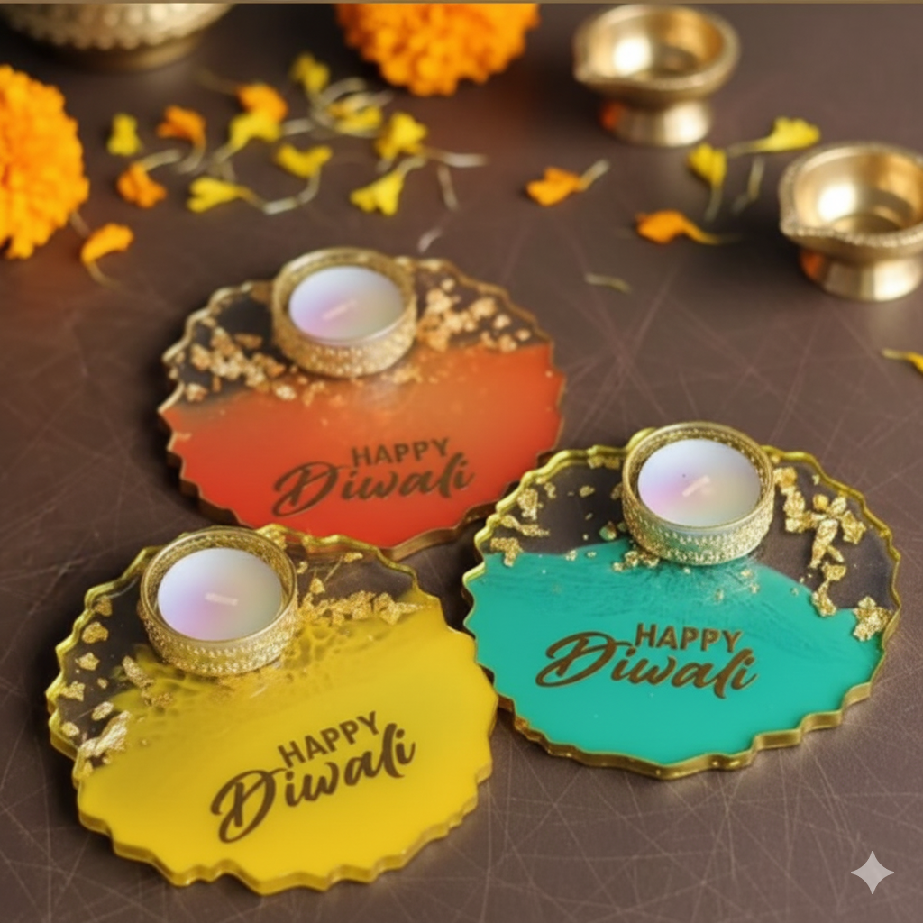 HAPPY DIWALI Multicolor Resin Diya with Pooja Thali - 4.5INCH