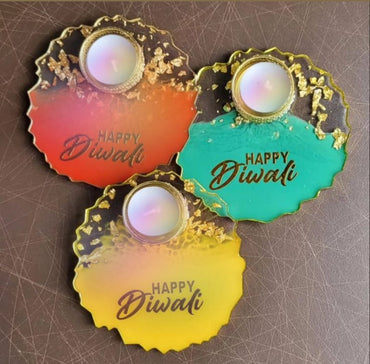 HAPPY DIWALI Multicolor Resin Diya with Pooja Thali - 4.5INCH