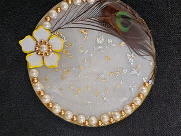 Peacock Feather Resin Pooja Thali - 6 Inch