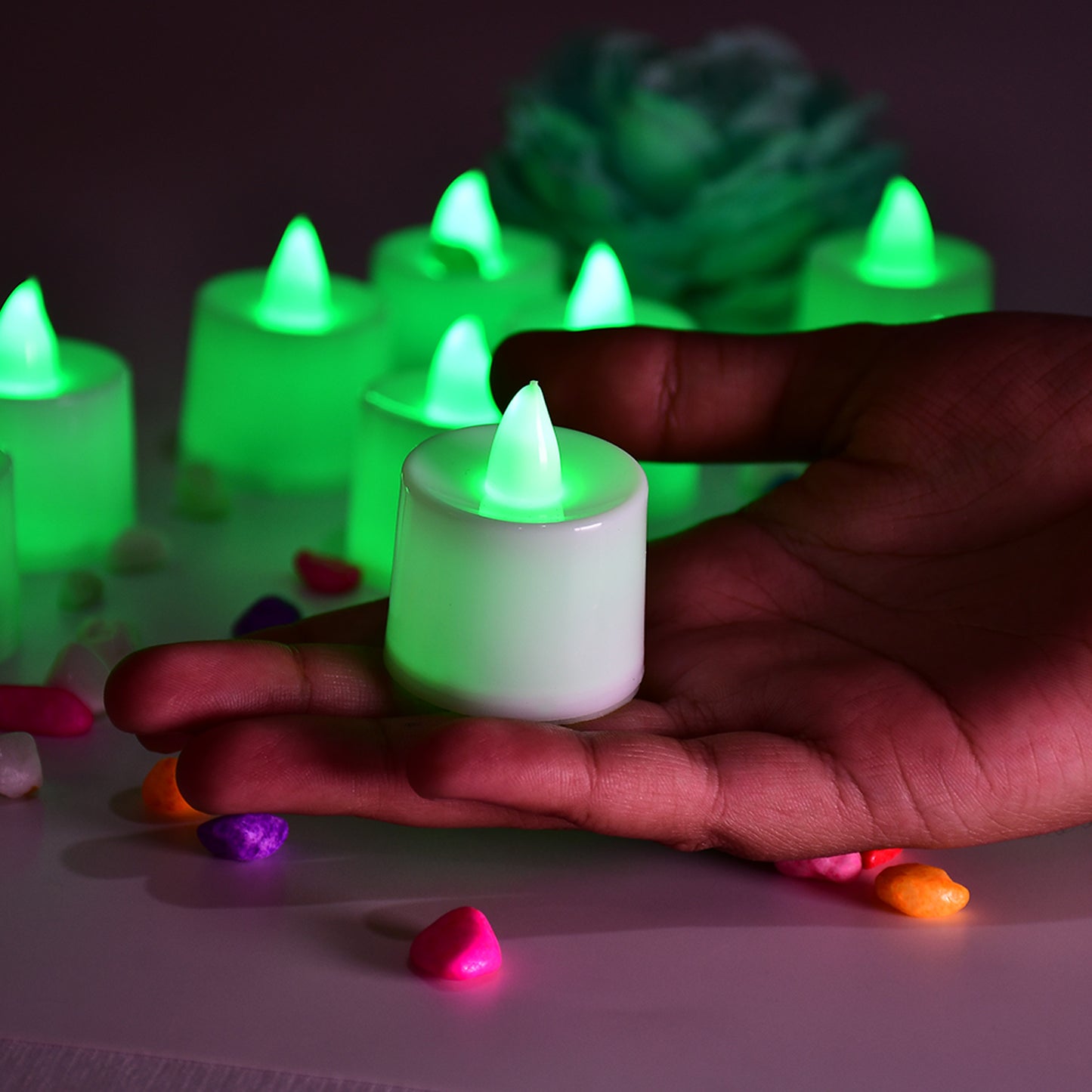 Green Flameless Led Tealights Smokeless Plastic Decorative Candles - Led Tea Light Candle For Home Decoration (Pack Of 24)
