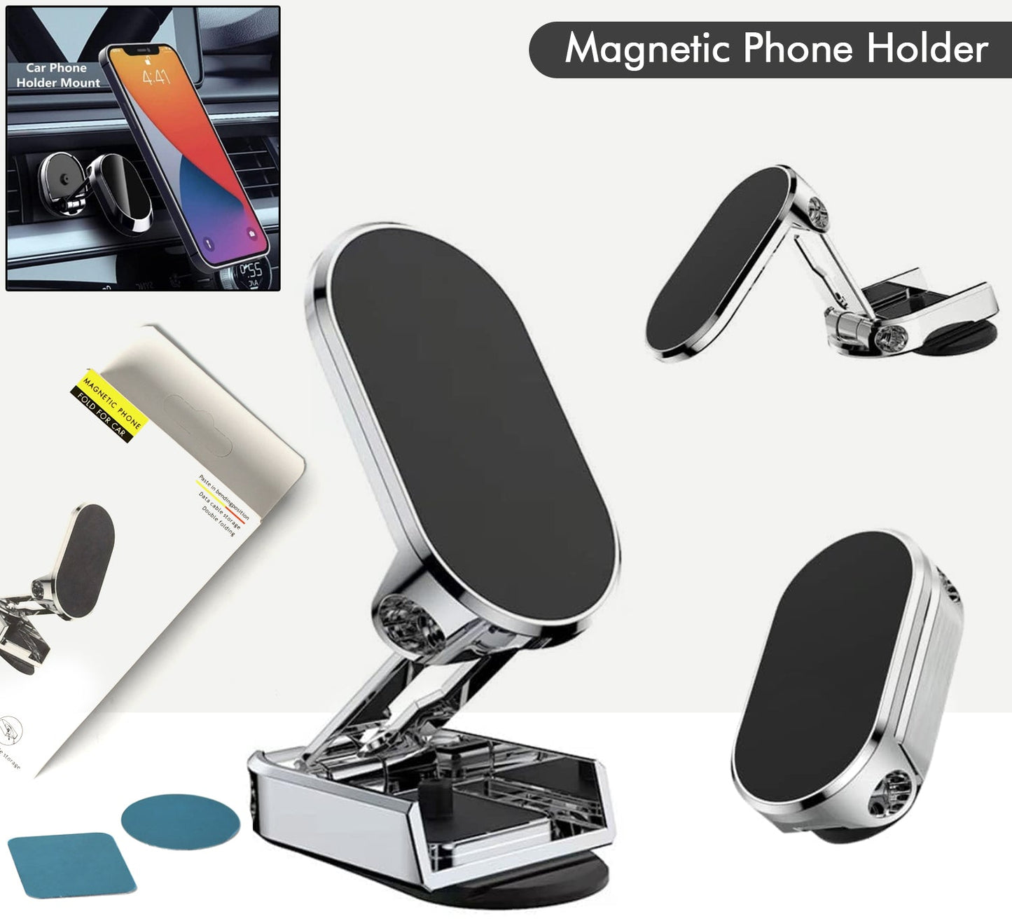 360 Degree Rotating Magnetic Car Phone Holder  Metal Folding Car Phone Holder  New Alloy Folding Magnetic Car Phone Holder (Pack Of 1)